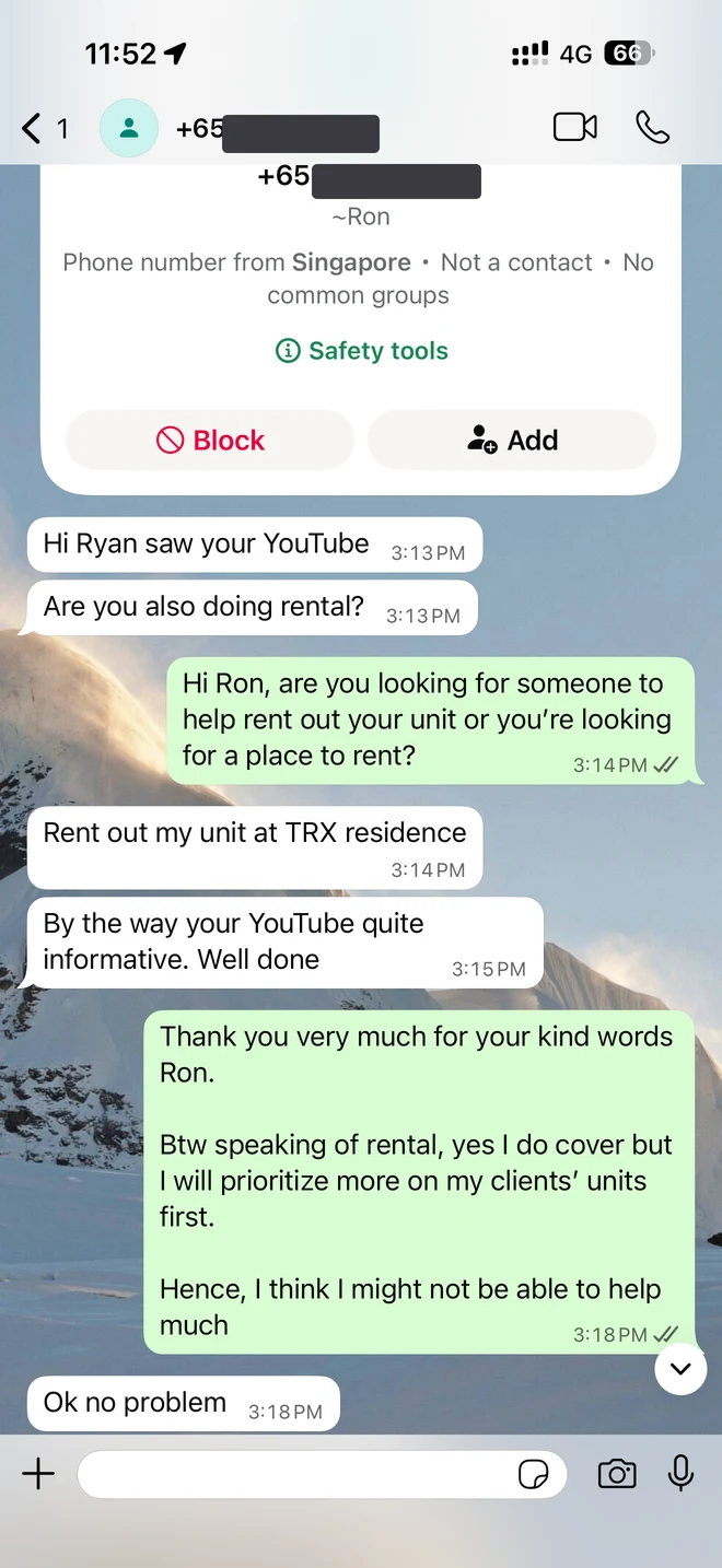 一位先生看了 Ryan 的 YouTube 來詢問代租他在 TRX 的單位，Ryan 回覆會優先處理跟自己買房客戶的房子